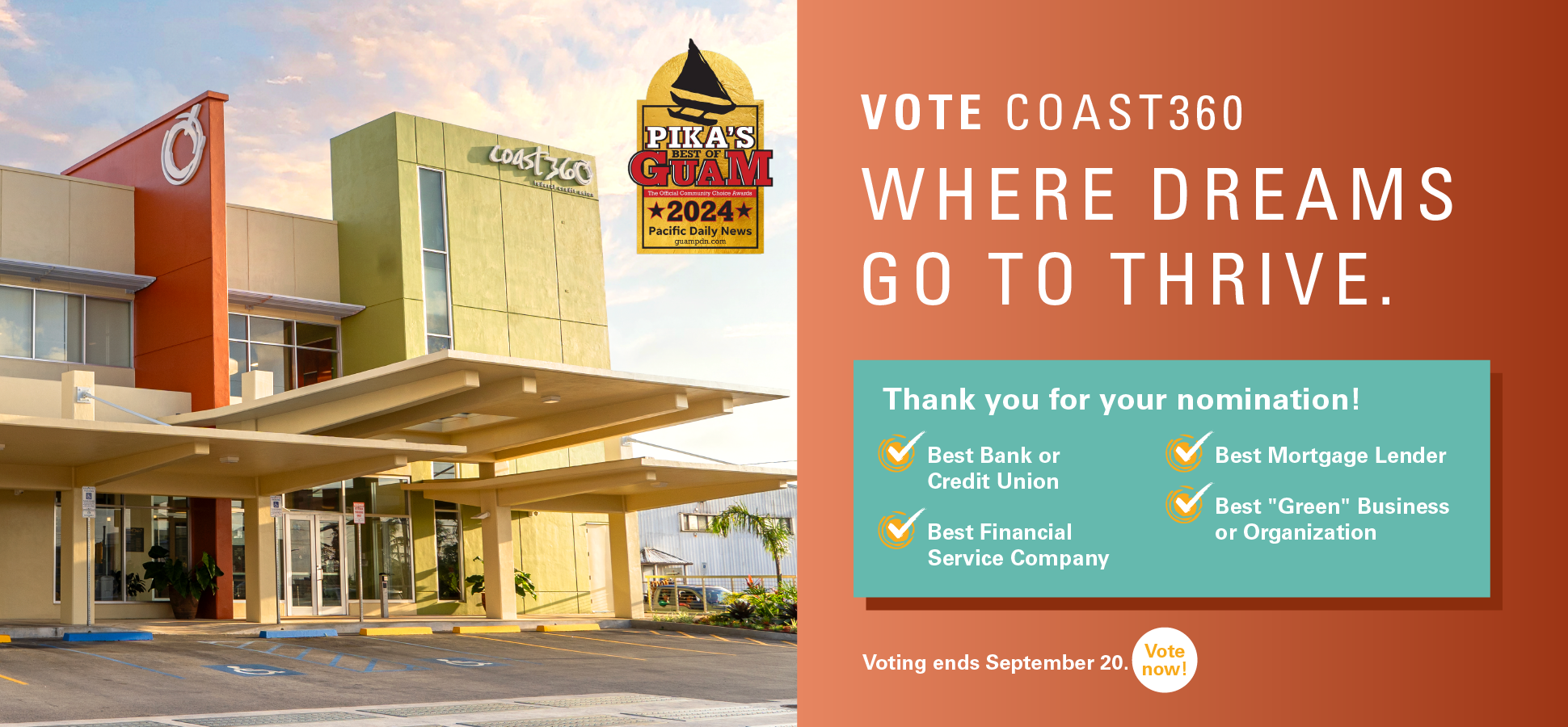 Vote Coast360 for Pika's Best Credit Union, Best Mortgage Lender, Best Financial Institution, and Best "Green" Organization 